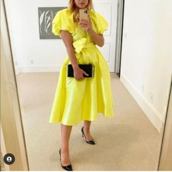 Christopher Rogers Woman Yellow Midi Dress XXS Volume Iridescent Puff Sleeve New - Picture 17 of 17